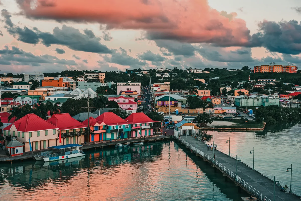 St. John's, Antigua port and skyline in the Caribbean at twilight.