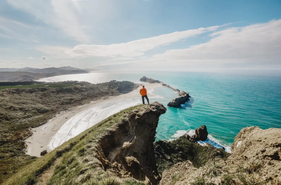 Man looking out at New Zealand shoreline